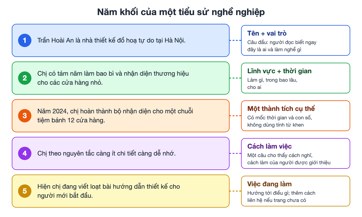 Sơ đồ năm khối của một tiểu sử nghề nghiệp: tên và vai trò, lĩnh vực và thời gian, một thành tích cụ thể, cách làm việc, việc đang làm hiện nay, minh hoạ bằng đoạn mẫu của nhân vật giả định