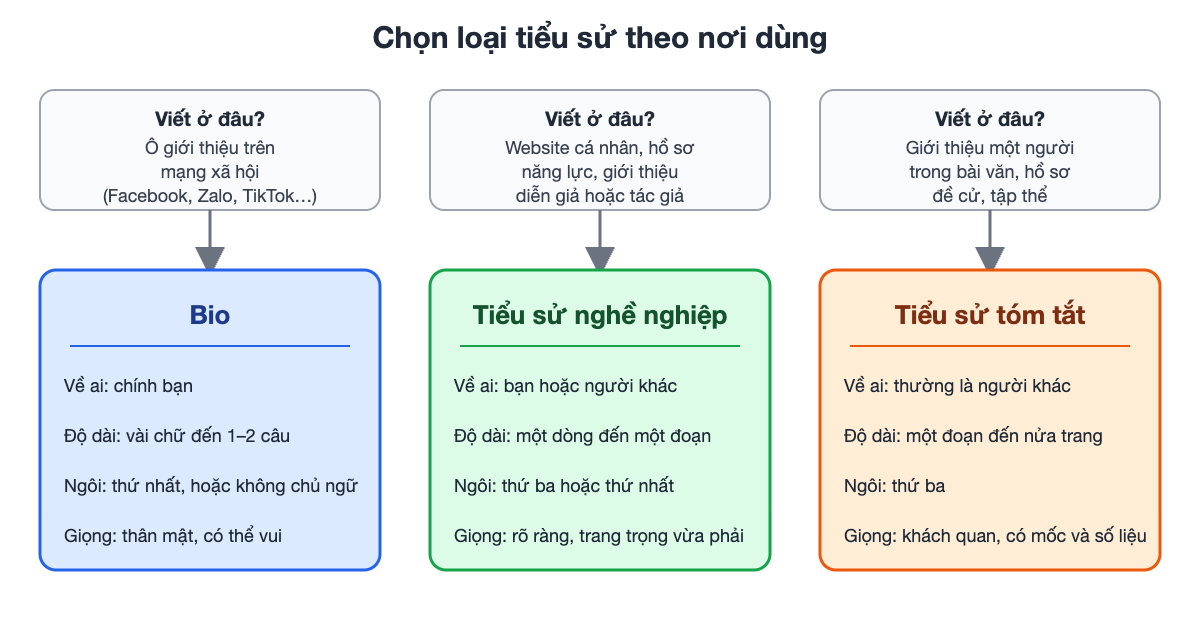 Sơ đồ chọn loại tiểu sử theo nơi dùng: ô giới thiệu trên mạng xã hội dùng bio; website cá nhân, hồ sơ năng lực, giới thiệu diễn giả hoặc tác giả dùng tiểu sử nghề nghiệp; bài văn và hồ sơ đề cử dùng tiểu sử tóm tắt