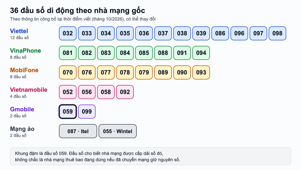 Sơ đồ 36 đầu số di động chia theo nhà mạng gốc: Viettel 12, VinaPhone 8, MobiFone 8, Vietnamobile 4, Gmobile 2 và hai mạng ảo Itel, Wintel, đầu số 059 được tô khung đậm