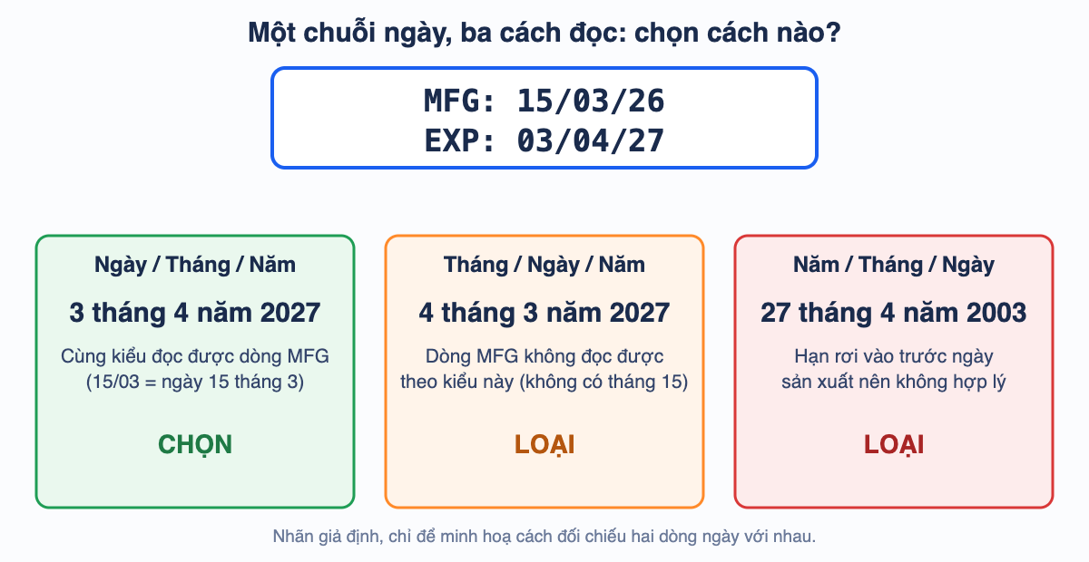 Sơ đồ ba cách đọc chuỗi EXP 03/04/27 với MFG 15/03/26: chọn ngày-tháng-năm, loại tháng-ngày-năm và loại năm-tháng-ngày