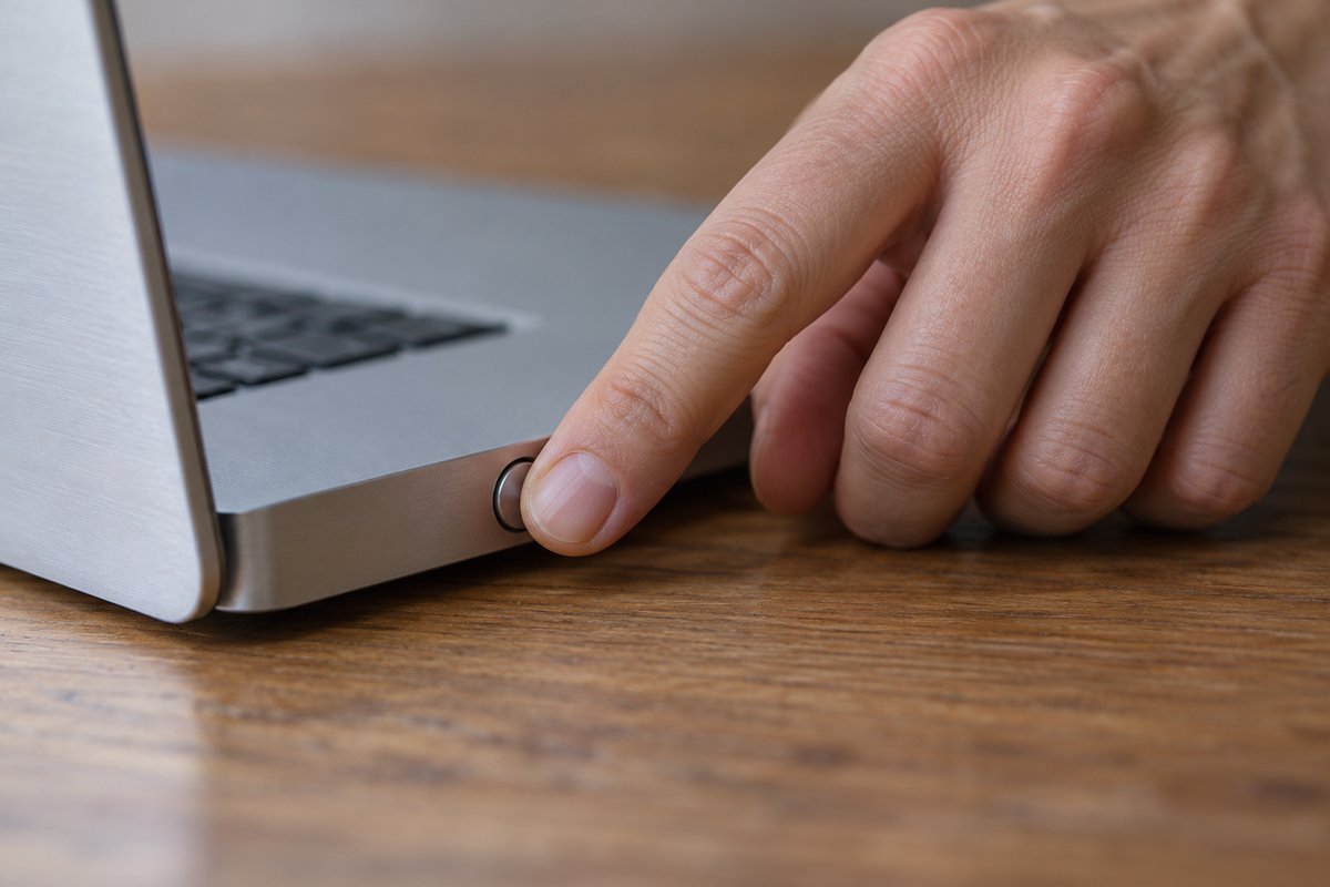 Cận cảnh ngón tay giữ nút nguồn laptop để ép tắt máy khi bị treo