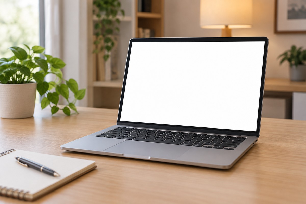Laptop đặt trên bàn làm việc với toàn bộ màn hình chỉ hiện một nền trắng, không có biểu tượng hay chữ