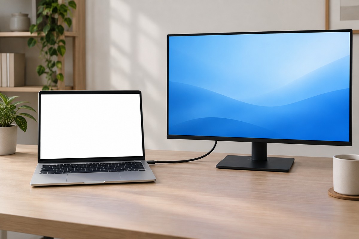 Laptop được nối bằng cáp HDMI với một màn hình rời đặt cạnh để kiểm tra xem màn hình ngoài có hiển thị hình bình thường không