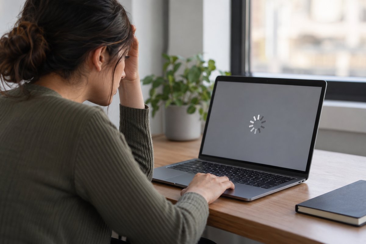 Người dùng ngồi bối rối nhìn màn hình laptop bị treo hiện vòng tròn tải