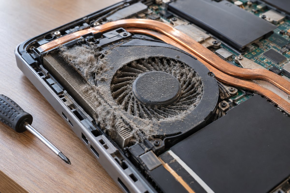 Quạt tản nhiệt laptop bám đầy bụi bên trong sau khi mở nắp đáy máy