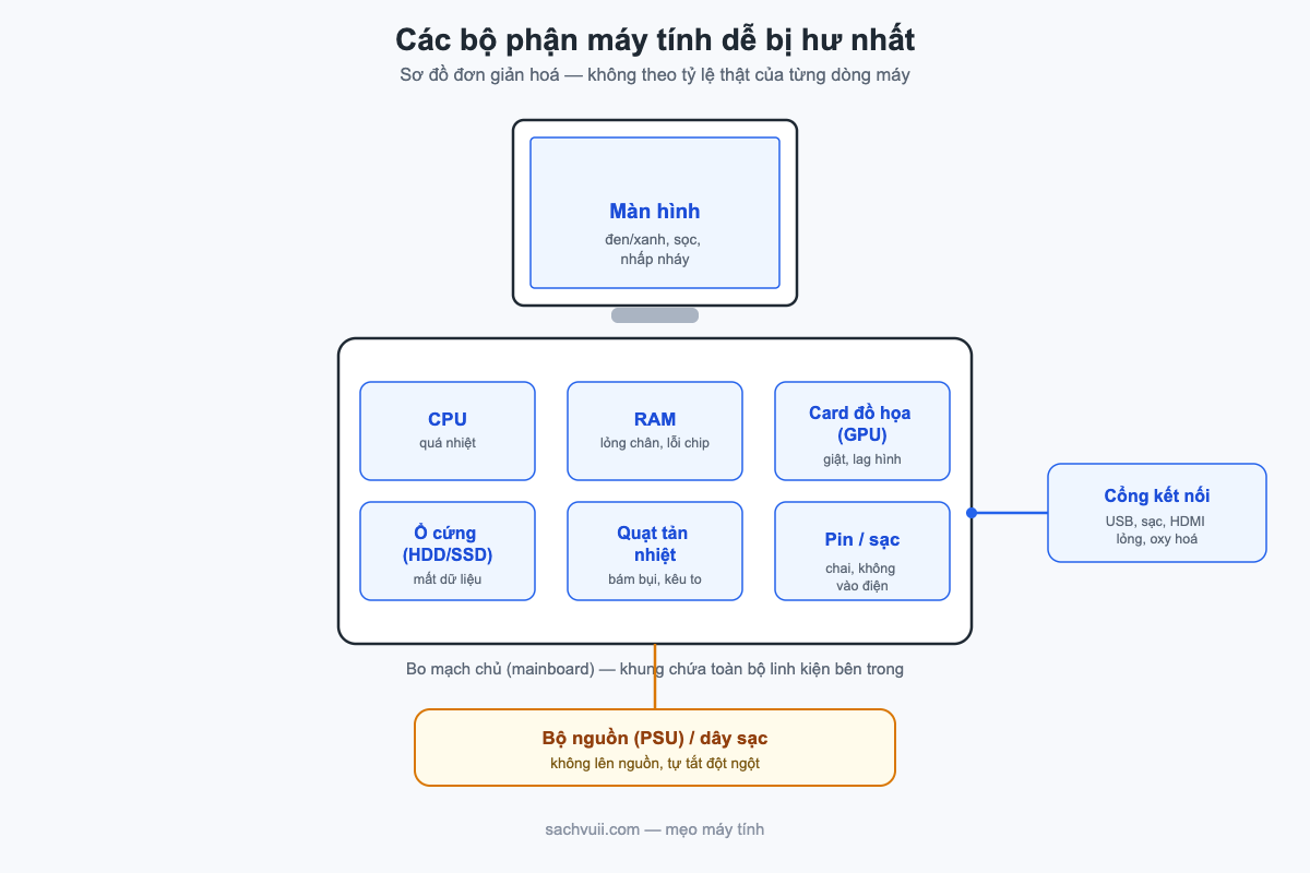 Sơ đồ các bộ phận máy tính dễ bị hư nhất: màn hình, CPU, RAM, card đồ hoạ, ổ cứng, quạt tản nhiệt, pin, bộ nguồn và cổng kết nối